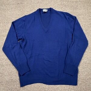 Vintage BULLOCKS Mens Blue V Neck 100% Virgin Merino Wool Sweater Size L